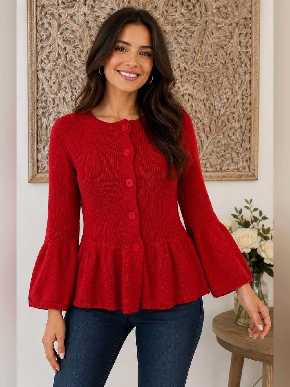 Coldwater Creek Red Peplum Button-Front Cardigan, Preppy Classic Academia- sz M